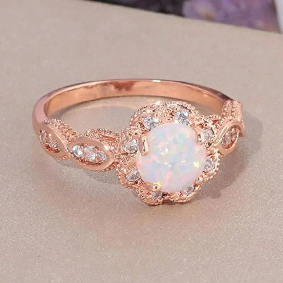 NEW Rose Gold Round Opal Diamond Halo Twist Ring - Picture 2 of 10